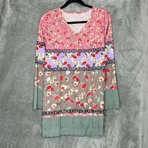 Amazon XL Shirt Top Pink Brown Floral Flower Striped Long Sleeve V Neck Womens